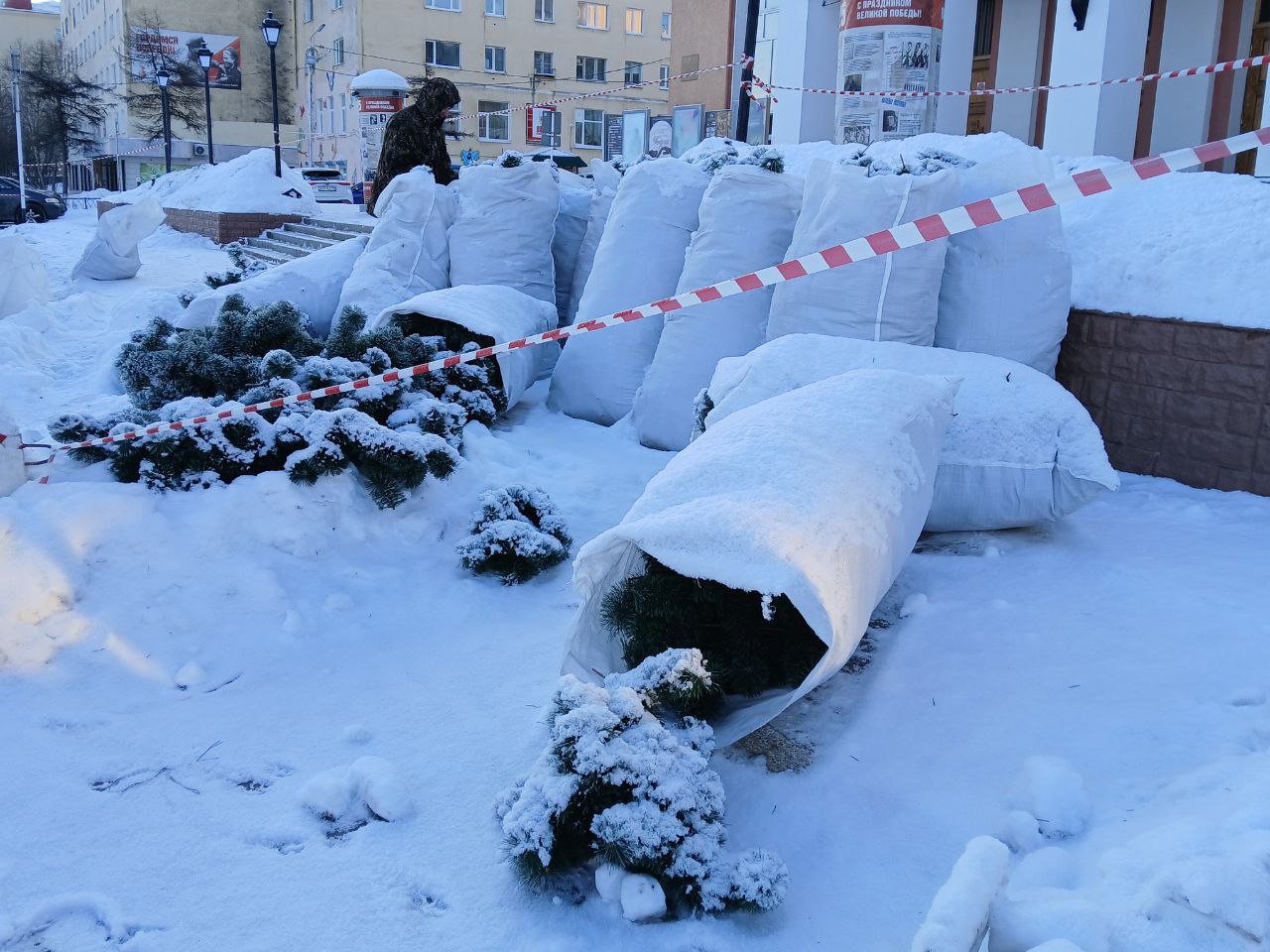 Главную городскую елку устанавливают на Театральной площади Магадана Главную городскую елку устанавливают на Театральной площади Магадана