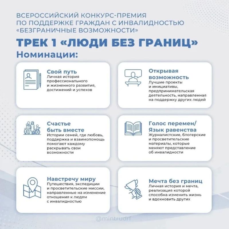 Стартовал Всероссийский конкурс-премия «Безграничные возможности» масштабная инициатива, призванная отметить достижения людей с инвалидностью и поддержать проекты, которые делают общество доступным и открытым для каждого... Стартовал Всероссийский конкурс-премия «Безграничные возможности» масштабная инициатива, призванная отметить достижения людей с инвалидностью и поддержать проекты, которые делают общество доступным и открытым для каждого...