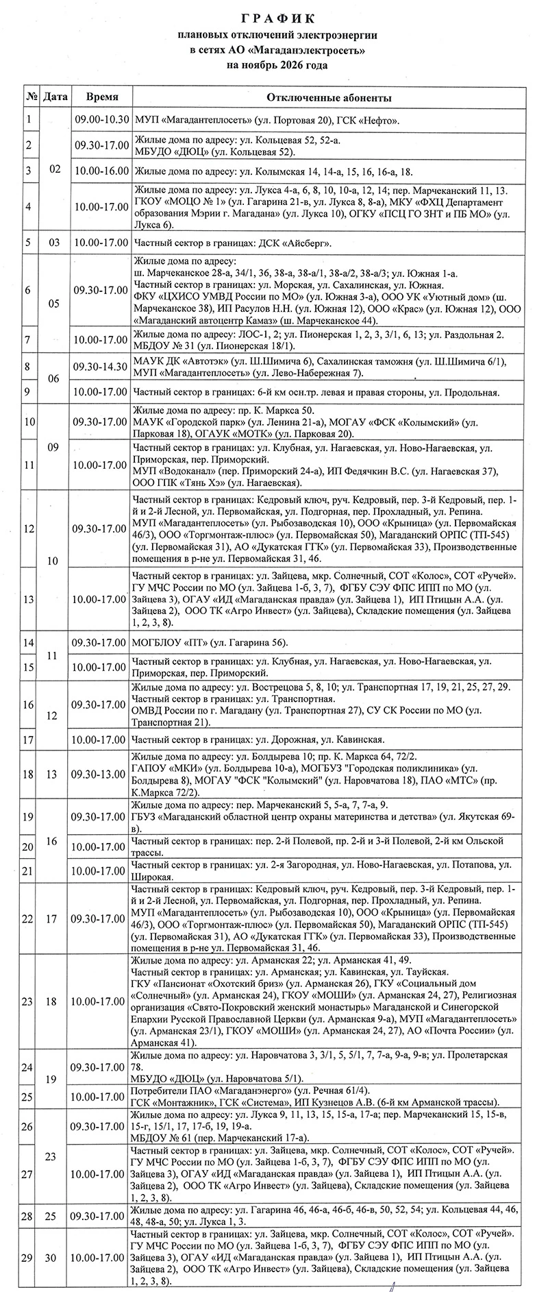 График плановых отключений электроэнергии в сетях АО «Магаданэлектросеть» на ноябрь 2026 года