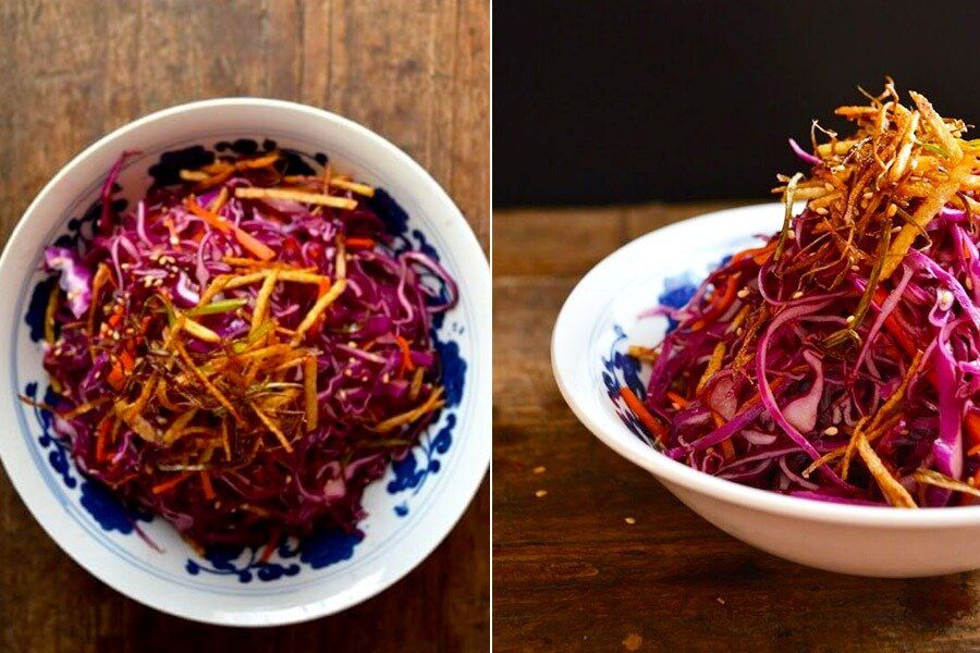 Салат с красной капустой и хрустящим картофелем